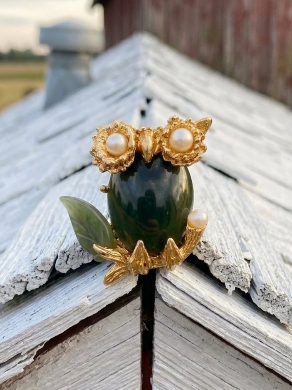 Vintage SWABODA Nephrite Jade & Pearls Figural Owl Brooch Jelly Belly